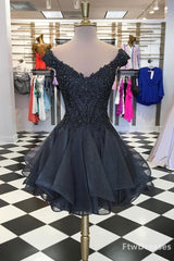 black v neck tulle beads short prom Dresses black homecoming Dresses