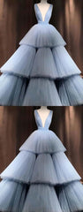 Blue V Neck Tulle Long Prom Dresses, Blue Tulle Evening Dresses