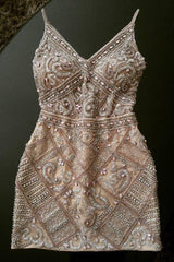 Short Homecoming Dresses, Spaghetti Straps Mini Dresses With Beaded