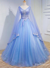 light blue tulle v neck long sleeve lace applique prom Dresses for teen