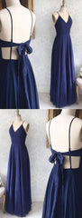 Great Evening Dresses, Backless Sexy Spaghetti Straps Backless Navy Blue Chiffon A Line Floor Length Prom Dress