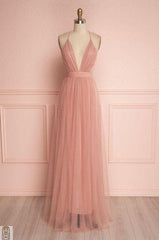 Deep V Neck Prom Dresses, Blush Pink Floor Length Tulle Wedding Party Dresses, Spaghetti Straps