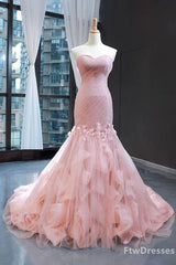 pink sweetheart tulle prom Dresses mermaid formal ball gowns gorgeous evening Dresses with sweep train