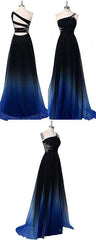 Ombre A Line One Shoulder Beading Chiffon Prom Dresses, Gradient Formal Dresses