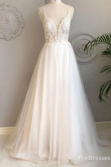 white v neck tulle lace long prom Dresses