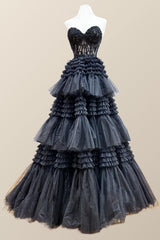 Sweetheart Black Lace Appliques Tiered Long Formal Dress