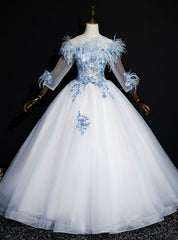 Get Your Discounts Light Ball Gown Tulle Appliques 3/4 Sleeve Quinceanera Dresses