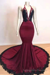 Burgundy Halter Deep V Neck Mermaid Prom Dress with Lace, Long Evening Gown