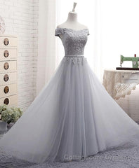 Gray A Line Lace Off Shoulder Prom Dress, Lace Evening Dresses