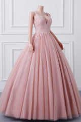 Girls Sequins V neck Dusty Rose Prom Dresses A-line Tulle Ball Gown Quinceanera Dresses Sweet 16 Party Dresses