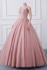 Girls Sequins V neck Dusty Rose Prom Dresses A-line Tulle Ball Gown Quinceanera Dresses Sweet 16 Party Dresses