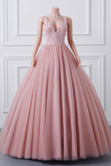 Girls Sequins V neck Dusty Rose Prom Dresses A-line Tulle Ball Gown Quinceanera Dresses Sweet 16 Party Dresses