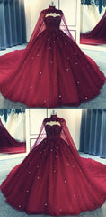 Glam Ball Gown Quinceanera Dresses Lace Applique Beaded Cape, Wine Red Formal Dresses Party Gowns