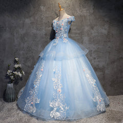 Glam Blue Ball Gown Tulle with Lace and Flowers Sweet 16 Dresses, Blue Formal Dresses