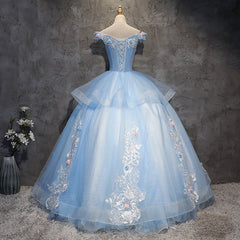 Glam Blue Ball Gown Tulle with Lace and Flowers Sweet 16 Dresses, Blue Formal Dresses