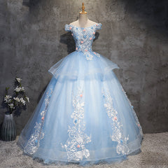 Glam Blue Ball Gown Tulle with Lace and Flowers Sweet 16 Dresses, Blue Formal Dresses