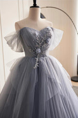 Glam Blue-Grey Tulle with Lace Applique Long Party Dresses, Tulle Formal Dresses Evening Gown