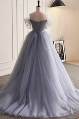 Glam Blue-Grey Tulle with Lace Applique Long Party Dresses, Tulle Formal Dresses Evening Gown