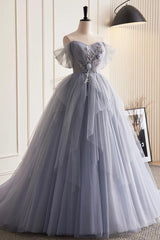 Glam Blue-Grey Tulle with Lace Applique Long Party Dresses, Tulle Formal Dresses Evening Gown