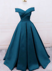 Glam Blue Satin Long Off Shoulder Party Dresses, A-line Prom Dresses