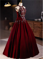 Glam Wine Red Beaded Velvet Halter Evening Dress, Wine Red Velvet Prom Dress