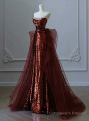 Glam Wine Red Sequins And Tulle Long Party Dress, Wine Red Evening Dress Prom Dress