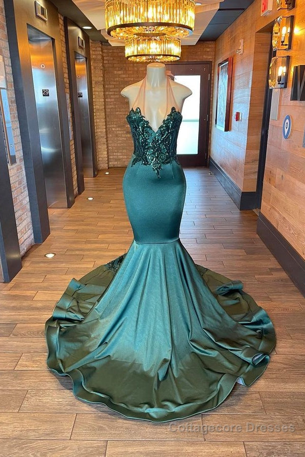 Glamorou V-Neck Sleeveless Halter Mermaid Prom Dress With Beading