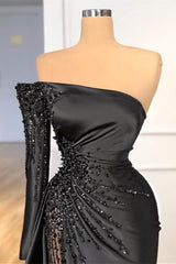 Glamorous Black Long Sleeve One Shoulder Prom Dresses Beadings Evening Gowns