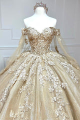 Glamorous Gold Sweetheart Ball Gown with Cape Sleeves Quinceanera Dresses