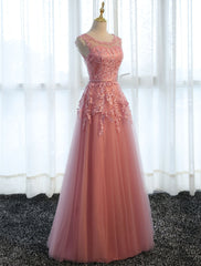 Glamorous Long Evening Dresses Lace Cameo Pink Party Dresses A Line Applique Tulle Maxi Formal Dresses