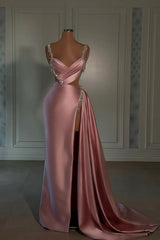 Pink Sweetheart Spaghetti Strap Prom Dress with High Slit Trail