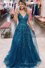 Glitter Blue Lace A-Line Long Prom Dress