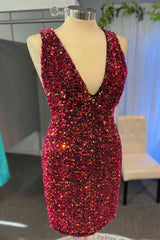 Glitter Burgundy V-Neck Sequined Bodycon Homecoming Dresses,graduation Dresses