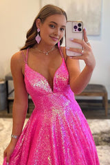 glitter fuchsia sequins long prom dress