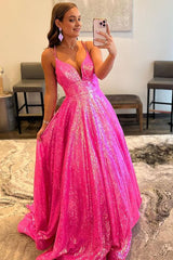 glitter fuchsia sequins long prom dress