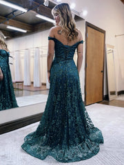 Glitter Mermaid Off The Shoulder Dark Green Long Prom Dresses