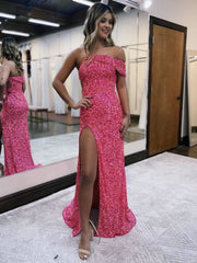 Glitter Mermaid One Shoulder Pink Long Prom Dresses With Slit