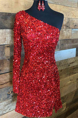 Glitter One Sleeve Red Sequined Homecoming Dresses,Stunning Cocktail Dresses Short Formal