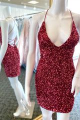 Glitter Red Sequin V Neck Short Homecoming Dresses Prom Dresses