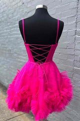 Glitter Straps Hot Pink Ruffle A-Line Homecoming Dress