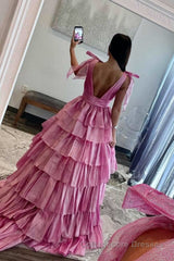 Glitter Tie Straps Pink Plunging Neck Tiered Long Prom Dress