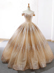 Gold Ball Gown Off The Shoulder Sequins Floor Length Wedding Dresses