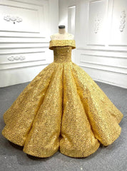 Gold Ball Gown Sequins Cap Sleeve Prom Dresses