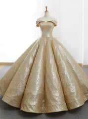 Gold Ball Gown Sequins Off The Shoulder Appliques Wedding Dresses