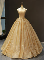 Gold Ball Gown Sequins Straps Floor Length Sweet 16 Prom Dresses