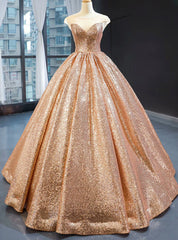 Gold Ball Gown Seuqins Cap Sleeve Long Floor Length Prom Dresses