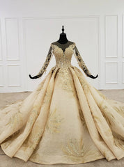 Gold Ball Gown Tulle Appliques Beading Long Backless Wedding Dresses