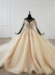 Gold Ball Gown Tulle Sequins Backless Appliques Beading Wedding Dresses