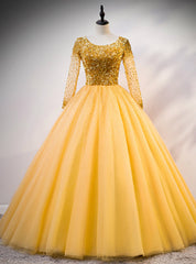 Gold Ball Gown Tulle Sequins Long Sleeve Backless Quinceanera Dresses