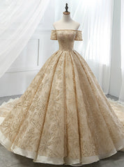 Gold Ball Gown Tulle Sequins Off The Sholuder Short Sleeve Wedding Dresses